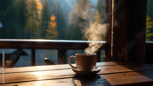 Morning Bliss: Smoking Coffee Mug in Mountain Cabin