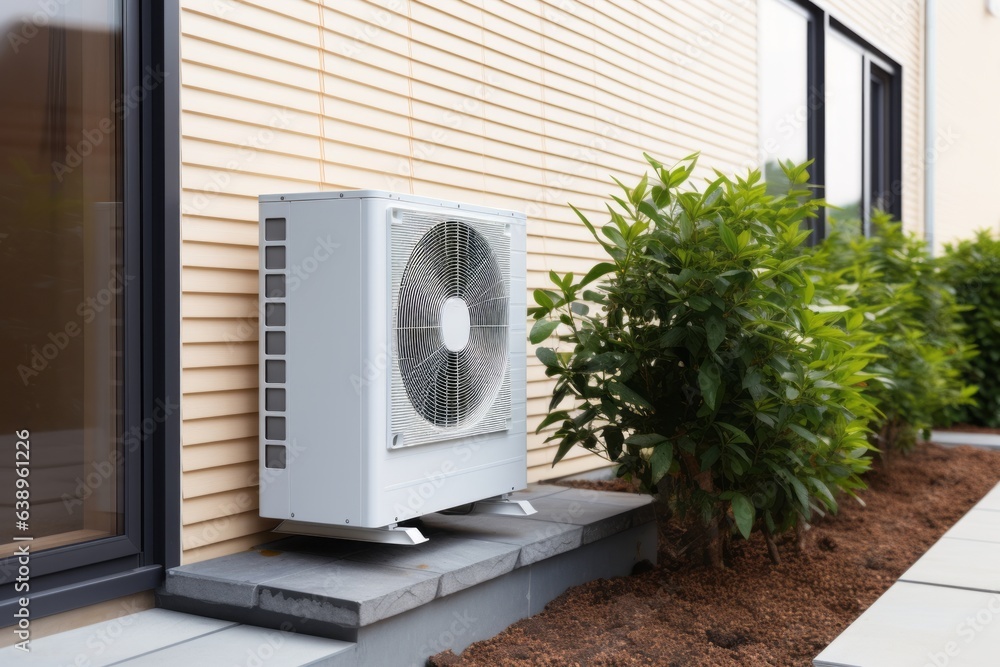 Air source heat pump installed at residential building outdoors Air source heat pump installed at residential building outdoors