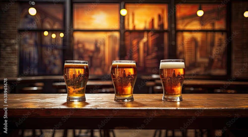 three glasses of beer sit next to each other on a wooden table Generative AI