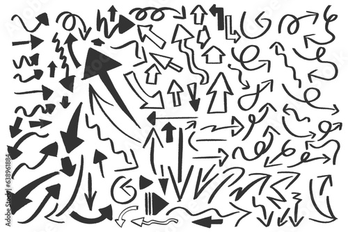 85 Grunge Hand drawn Directional Arrow Collection. Charcoal Chalk arrow scribbles. Textured curling arrows. Set of scribbles doodle lines and arrows. Abstract directional shapes. Vector. EPS 10.