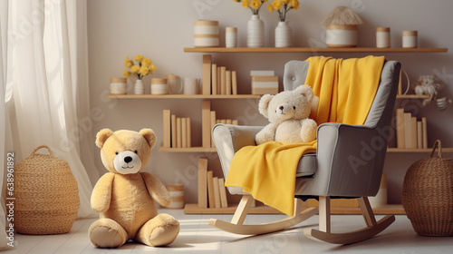 Large infant nursery with teddy bear and yellow blanket on white wooden rocking chair. Generative AI