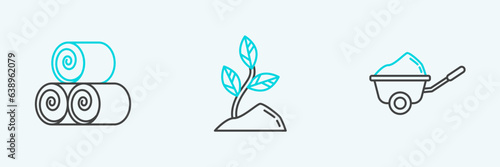 Set line Wheelbarrow with dirt, Roll of hay and Sprout icon. Vector