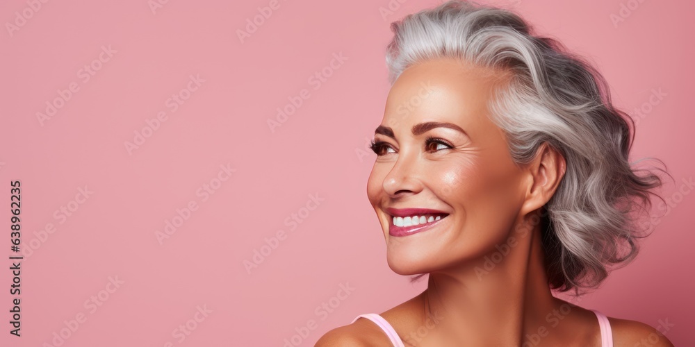 Sensual portrait of a middle aged Caucasian woman. Luxurious middle aged woman with a long grey hair on pink background. She is smiling and looking at copy space. Sensual portrait of a middle aged Caucasian woman. Luxurious middle aged woman with a long grey hair on pink background. She is smiling and looking at copy space.