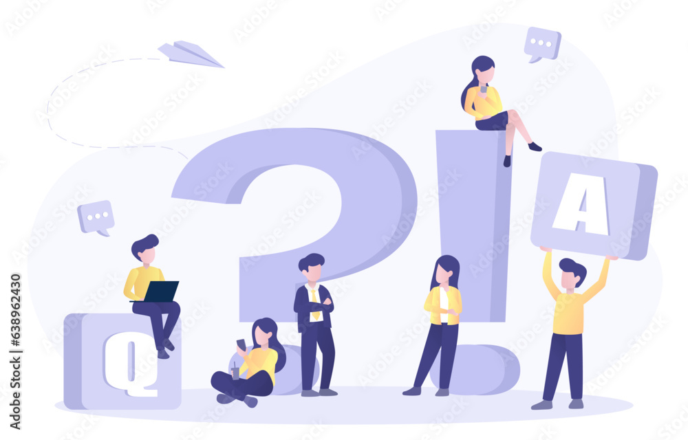 Business people character talking, question mark, exclamation point and QA. Frequently asked questions (FAQ). Ask questions and receive answers. Flat vector design illustration.