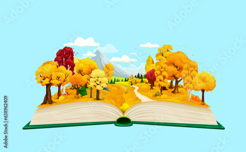 Cartoon opened book with autumn forest and mountains nature landscape. Vector magic book with fairytale fall season forest trees and plants, yellow fields, pathway and birds in blue sky