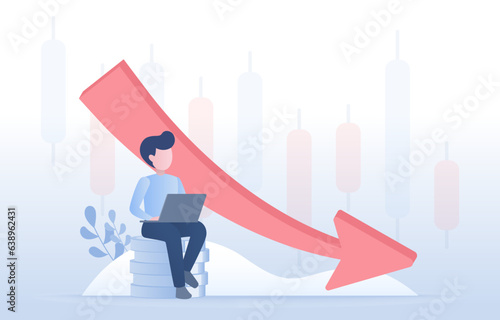 Financial business and analysis of investor decreasing expenses concept. Bankruptcy, cost decline reduction, decreasing arrow. Flat vector design illustration with copy space.