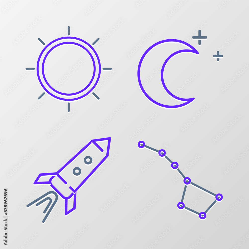 Set line Great Bear constellation, Rocket ship with fire, Moon and stars and Sun icon. Vector