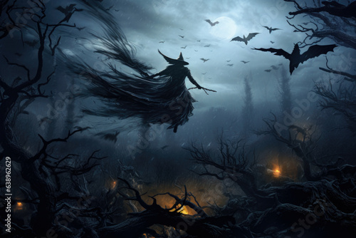 flying witch and bats in a dark forrest at night
