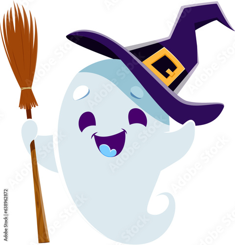 Cartoon cute kawaii halloween ghost monster character donning a charming witch hat and carrying a broomstick, exuding a delightful mix of spookiness and cuteness. Adorable vector spirit personage