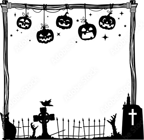 Halloween holiday black frame. Isolated vector eerie square border featuring a spooky cemetery, black cat, haunting zombie hands, crow bird, candles and grinning pumpkins. Spooky holiday decorations