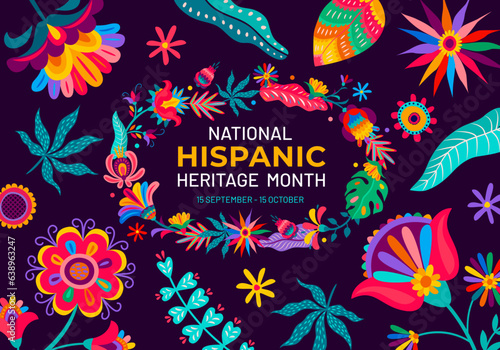 National Hispanic heritage month flyer with tropical flowers and plants, vector background. Mexican culture and traditions day in Mexico or Latin America, poster with national traditional art ornament