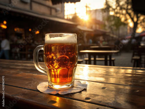 Glass of cold beer on wooden table with blurred background. Drinking alcohol outdoors