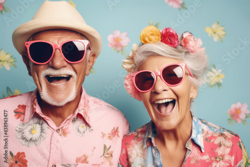 Portrait of happy middle aged couple. Elderly man and woman smiling and have fun. Positive emotions