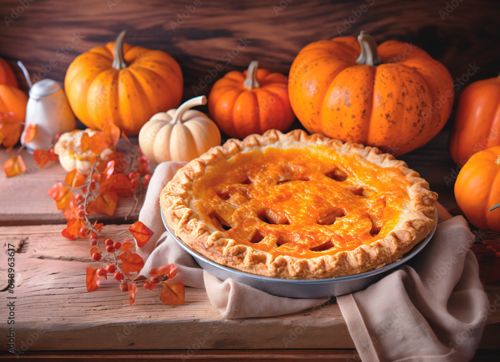 Homemade, traditional pumpkin pie. On the table are autumn decor and pumpkins. Homemade, traditional pumpkin pie. On the table are autumn decor and pumpkins.