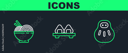 Set line Maneki neko cat, Asian noodles in bowl and chopsticks and Sushi on cutting board icon. Vector