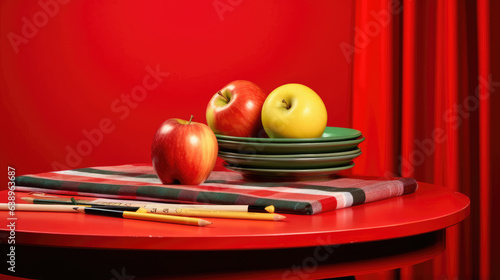World Teachers Day image with apples  books and pencils on table and red background