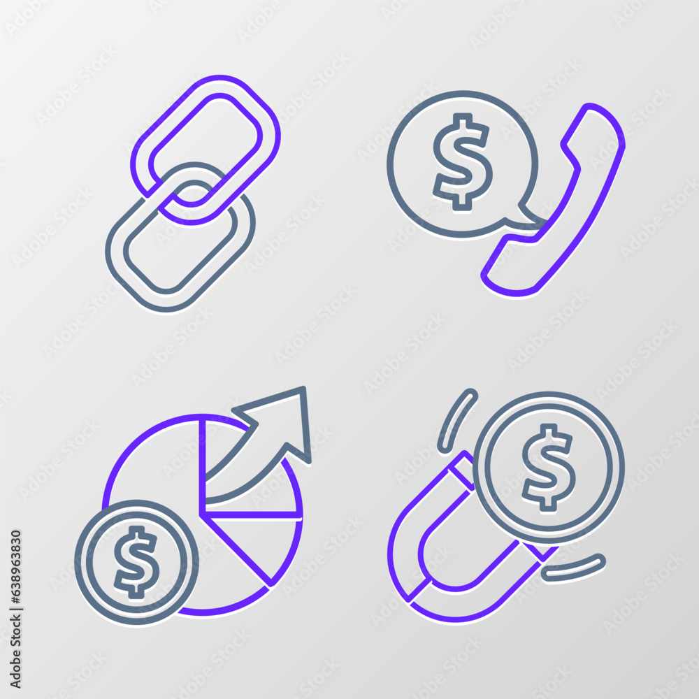 Set line Magnet with money, Money and diagram graph, Telephone handset speech bubble chat and Chain link icon. Vector