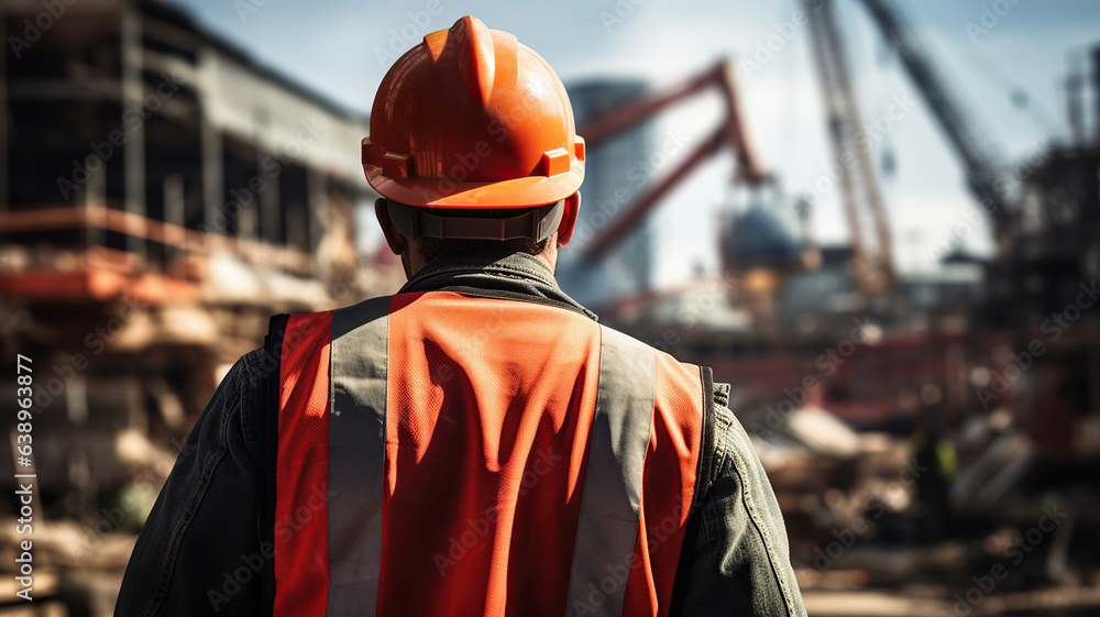 Safety and Vigilance. Worker wearing a bright red hard hat on a construction site Safety and Vigilance. Worker wearing a bright red hard hat on a construction site