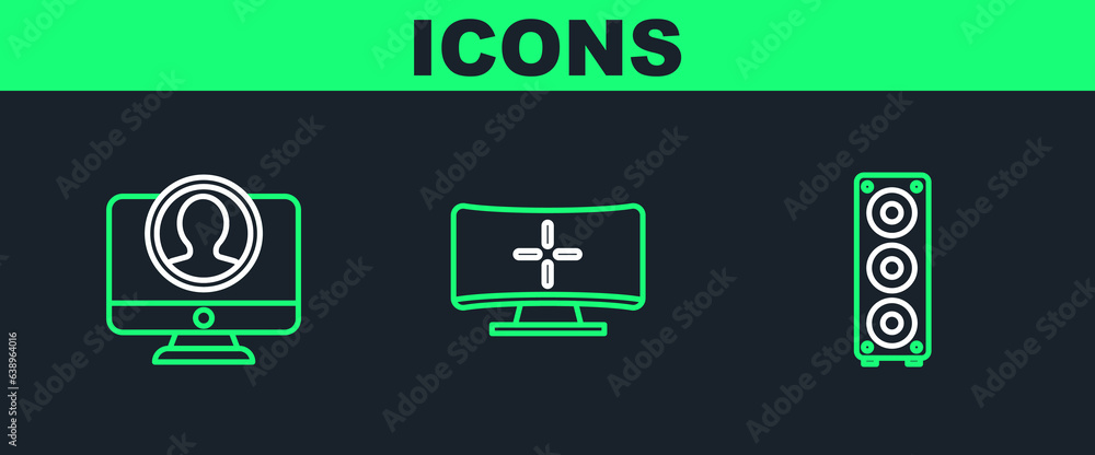 Set line Stereo speaker, Create account screen and Computer monitor icon. Vector Set line Stereo speaker, Create account screen and Computer monitor icon. Vector
