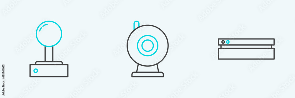 Set line Video game console, Joystick for arcade machine and Web camera icon. Vector Set line Video game console, Joystick for arcade machine and Web camera icon. Vector