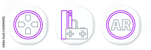 Set line Ar, augmented reality, Gamepad and console with joystick icon. Vector
