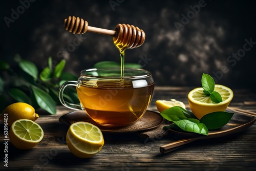 A cup of  honey and sour green tea with lemon