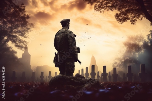 Back view of a grieving uniformed soldier in front of the graves of his fallen friends in arms on Veterans Day.