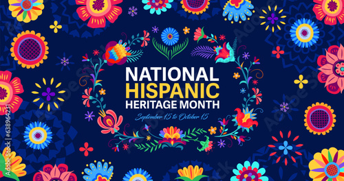 National Hispanic heritage month banner with flowers pattern ornament, vector background. Latin America art, culture and traditions of Hispanic heritage in huichol with tropical floral decoration