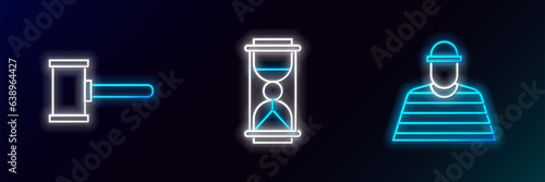 Set line Prisoner, Judge gavel and Old hourglass with sand icon. Glowing neon. Vector