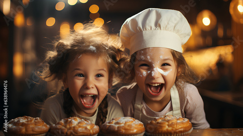 Two cute little girls in chef hats and aprons having fun while baking muffins in home