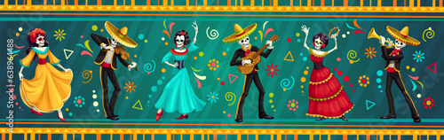 Mexican Dia de Los Muertos holiday characters with catrina calavera skull and mariachi musicians, vector banner. Dia de los Muertos or Dead Day fiesta carnival music band in sombrero with guitars