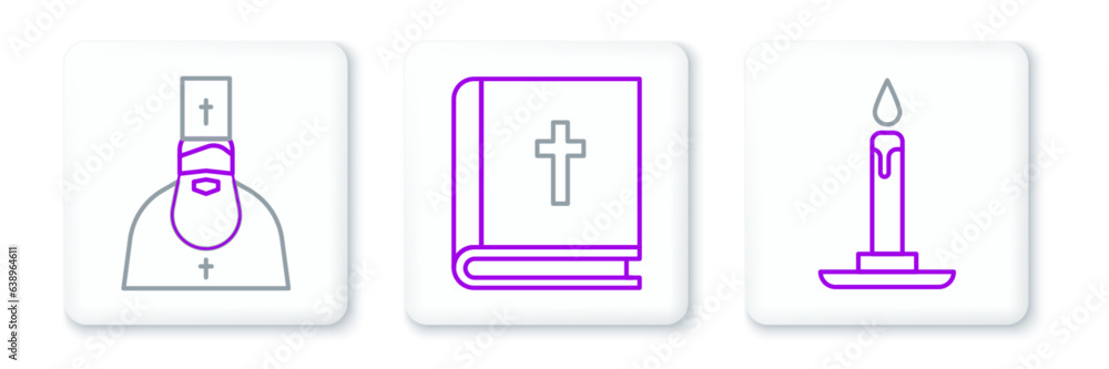 Set line Burning candle in candlestick, Priest and Holy bible book icon. Vector Set line Burning candle in candlestick, Priest and Holy bible book icon. Vector