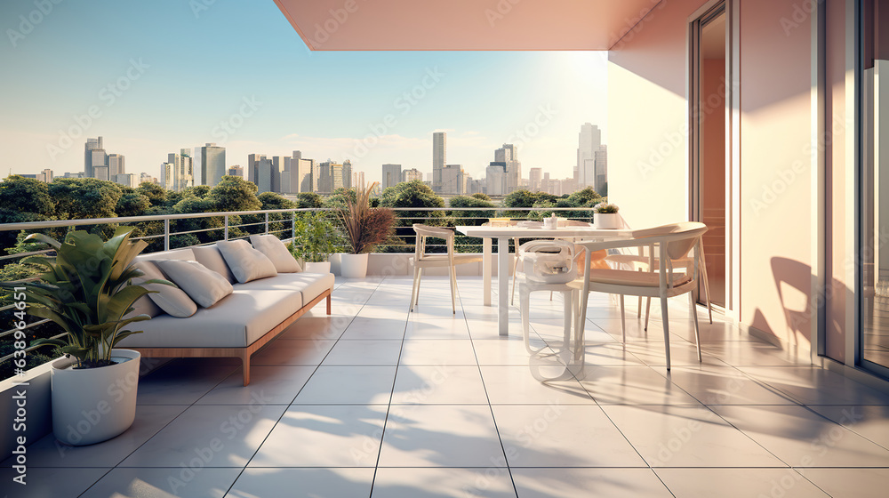 Modern bright luxury apartment balcony, Generative AI