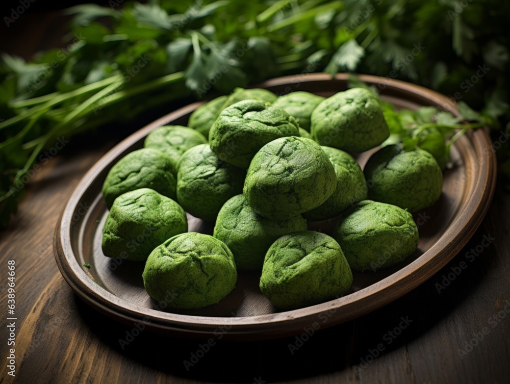 tray filled with Bracken starch dumplings, their refreshing green color contrasting strikingly against the dark wooden table tray filled with Bracken starch dumplings, their refreshing green color contrasting strikingly against the dark wooden table
