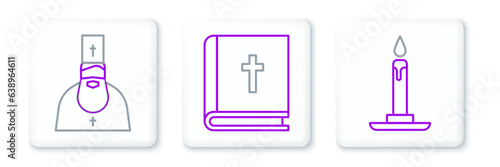 Set line Burning candle in candlestick, Priest and Holy bible book icon. Vector