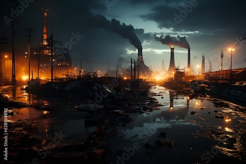 Factory at night, exhaust fumes, smog. Power plant at night in dark colors, street lights, dirt.