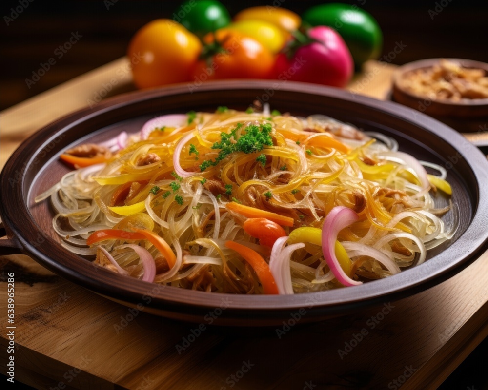 Okinawan stir-fry with bitter melon, onions and bean sprouts served on a wooden plate Okinawan stir-fry with bitter melon, onions and bean sprouts served on a wooden plate