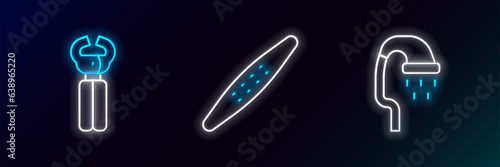 Set line Pet shower, nail clippers and Nail file pet icon. Glowing neon. Vector