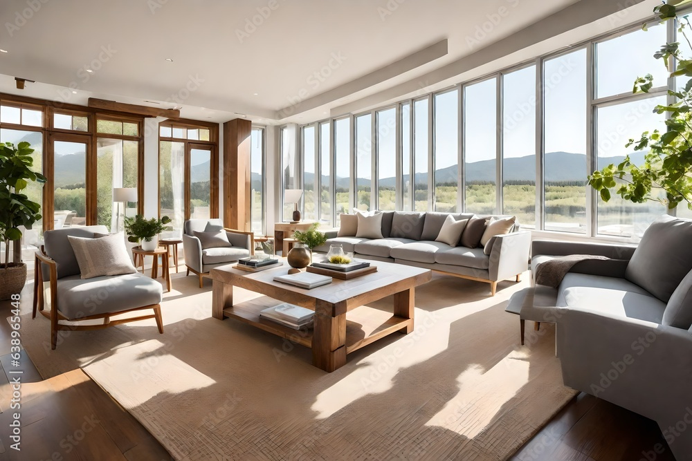 Fototapeta premium modern living room with fireplace, Interior of light living room with grey sofas, wooden armchair and coffee table