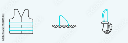 Set line Knife, Life jacket and Shark fin in ocean wave icon. Vector