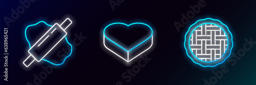 Set line Homemade pie, Rolling pin on dough and Candy heart shaped box icon. Glowing neon. Vector
