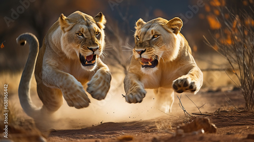 Ferocious Lionesses Engage in a Thrilling Wildlife Duel. Generative AI