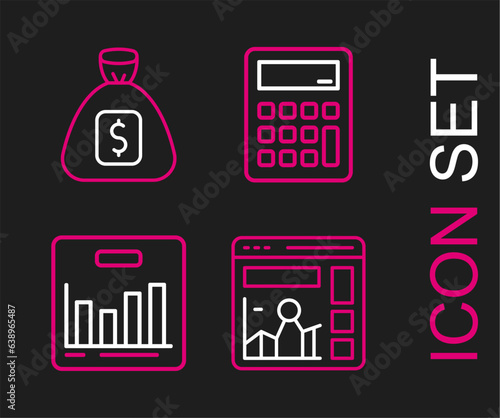 Set line Website with growth graph  Pie chart infographic  Calculator and Money bag icon. Vector