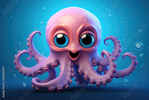 Cartoon character purple pink octopus 3d illustration for children generative ai
