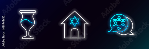 Set line Star of David, Jewish goblet and synagogue icon. Glowing neon. Vector