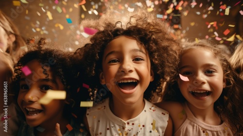 Happy children celebrate birthday together with confetti. Generative AI