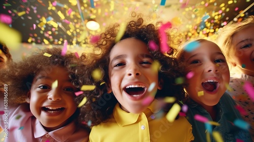Happy children celebrate birthday together with confetti. Generative AI