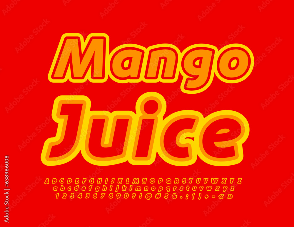 Vector creative label Mango Juice. Red and Yellow Bright Font. Modern Alphabet Letters and Numbers set