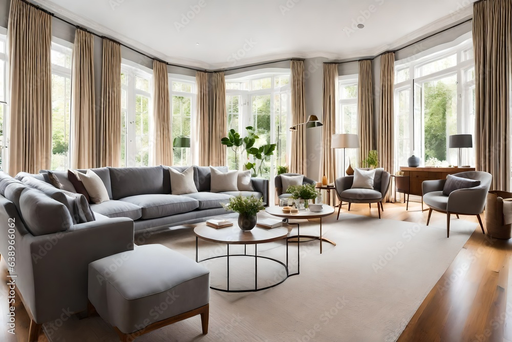 Fototapeta premium modern living room with fireplace, Interior of light living room with grey sofas, wooden armchair and coffee table