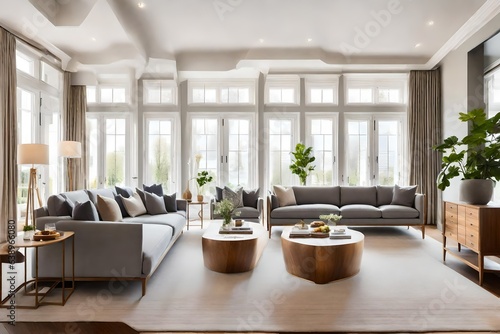 modern living room with fireplace  Interior of light living room with grey sofas  wooden armchair and coffee table